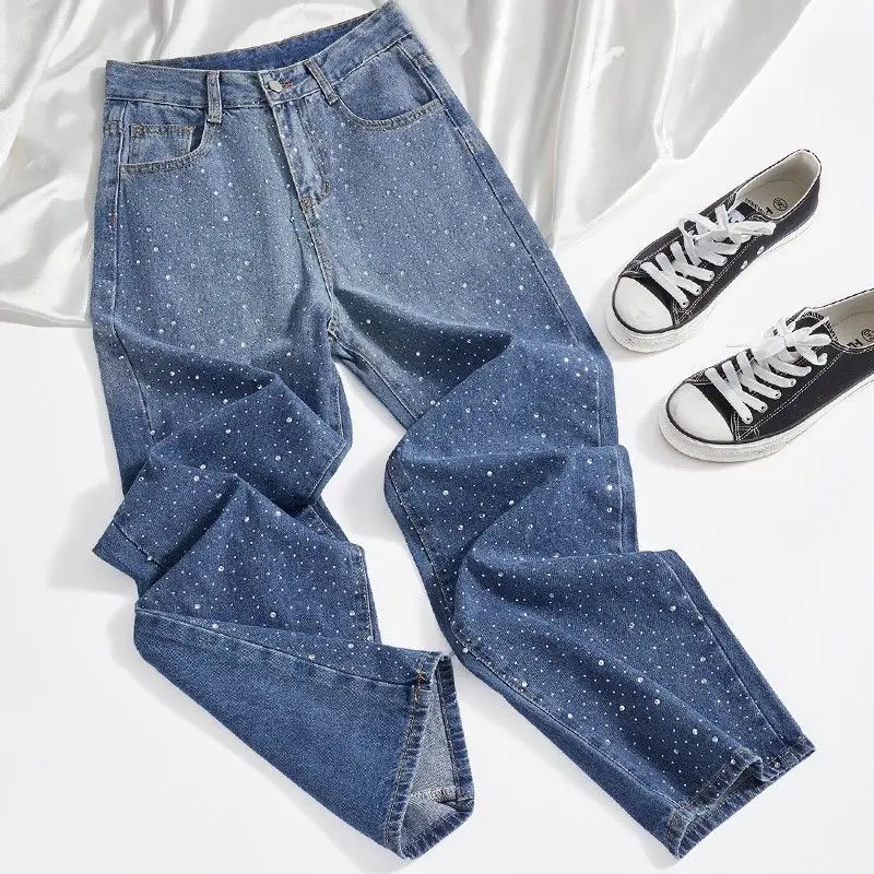 

Heavy Duty Rhinestone Women's Loose Wide Leg Jeans Straight Cut Summer New plus Size High Waist Long Pants Denim Fabric