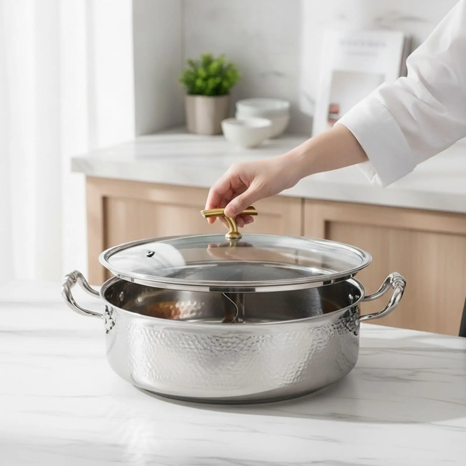 Stainless Steel Double Broth Cooker with Side Carrying Handles and Glass Steam Vent Lid for Shabu Shabu Home Use