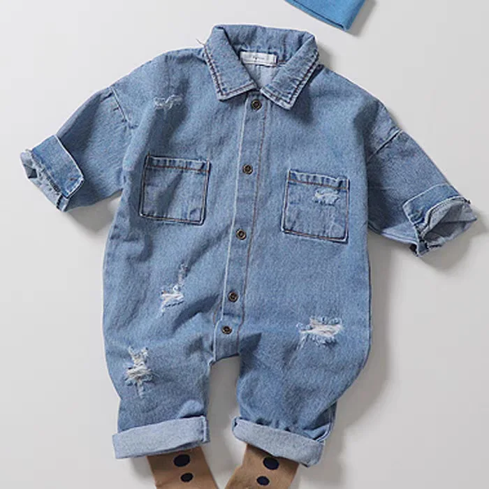 2025 Autunno Nuovo Bambino Manica Lunga Denim Pagliaccetto Infantile Della Ragazza del Ragazzo di Modo Jeans Strappati Bambino Casual Tuta Vestiti Appena Nati 0-24M