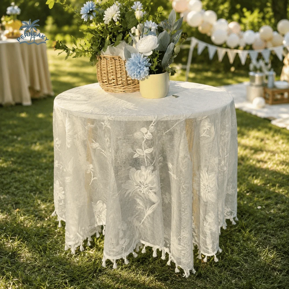 

Vintage Pompom Tassel Tablecloth Dust-Proof Embroidered Lace Tablecloth White Color Household French Table Cover Decor