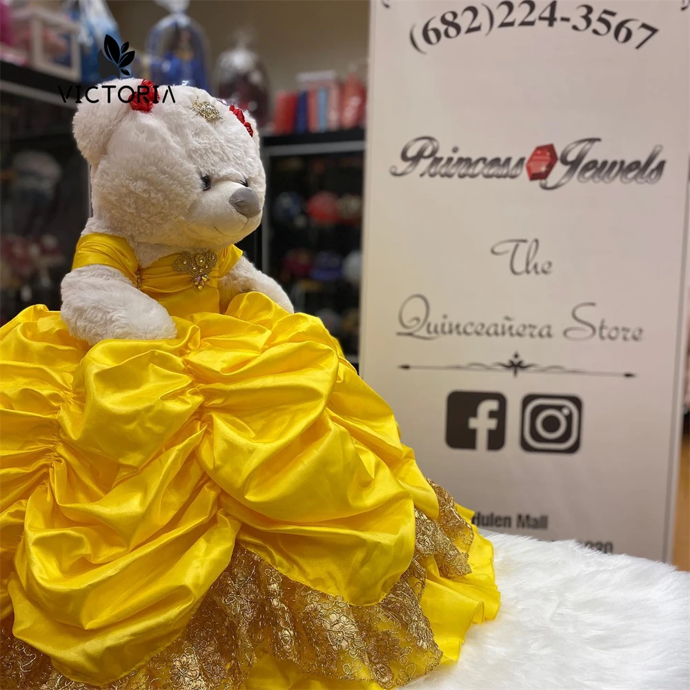 

Bright Yellow Pleat Personalized Quinceanera Teddy Bear Dresses For Little Girl Beaded Crystal Quince Bear Osito de Quinceanera