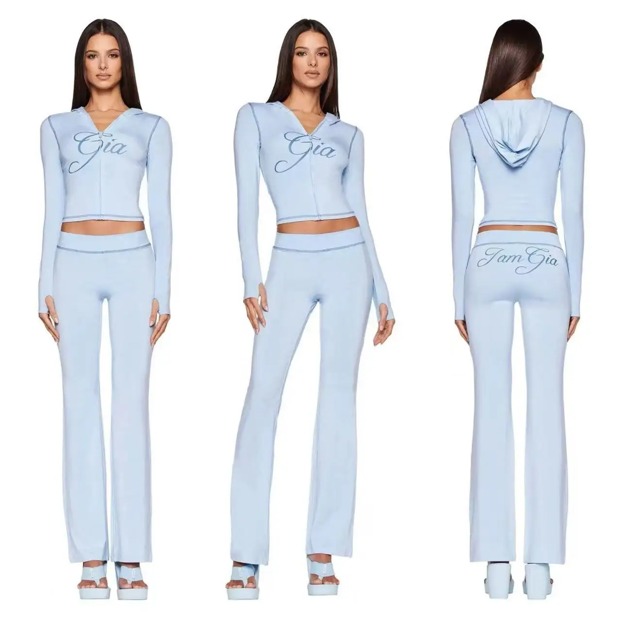 iamgia regular shoulder slim-fit letter print topstitching design slim-fit hooded zip-up short jacket and pants set