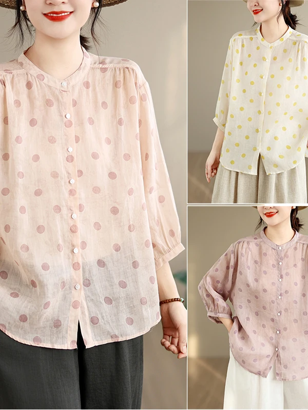 

Elegant Unique Print Polka Dot Half Sleeve Shirt Women Summer Lightweight Thin Design Sense Top Casual Loose Fit Breathable
