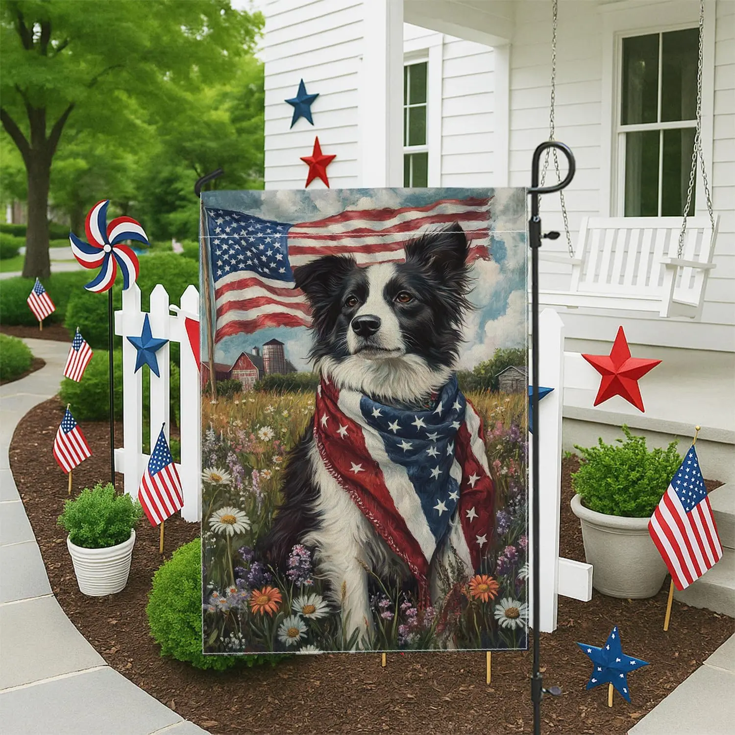 Patriotic Dog Garden Flag, Black White Border Collie with America Flag Scarf Lawn Decor, Double Sided Summer Outdoor Yard De kkz