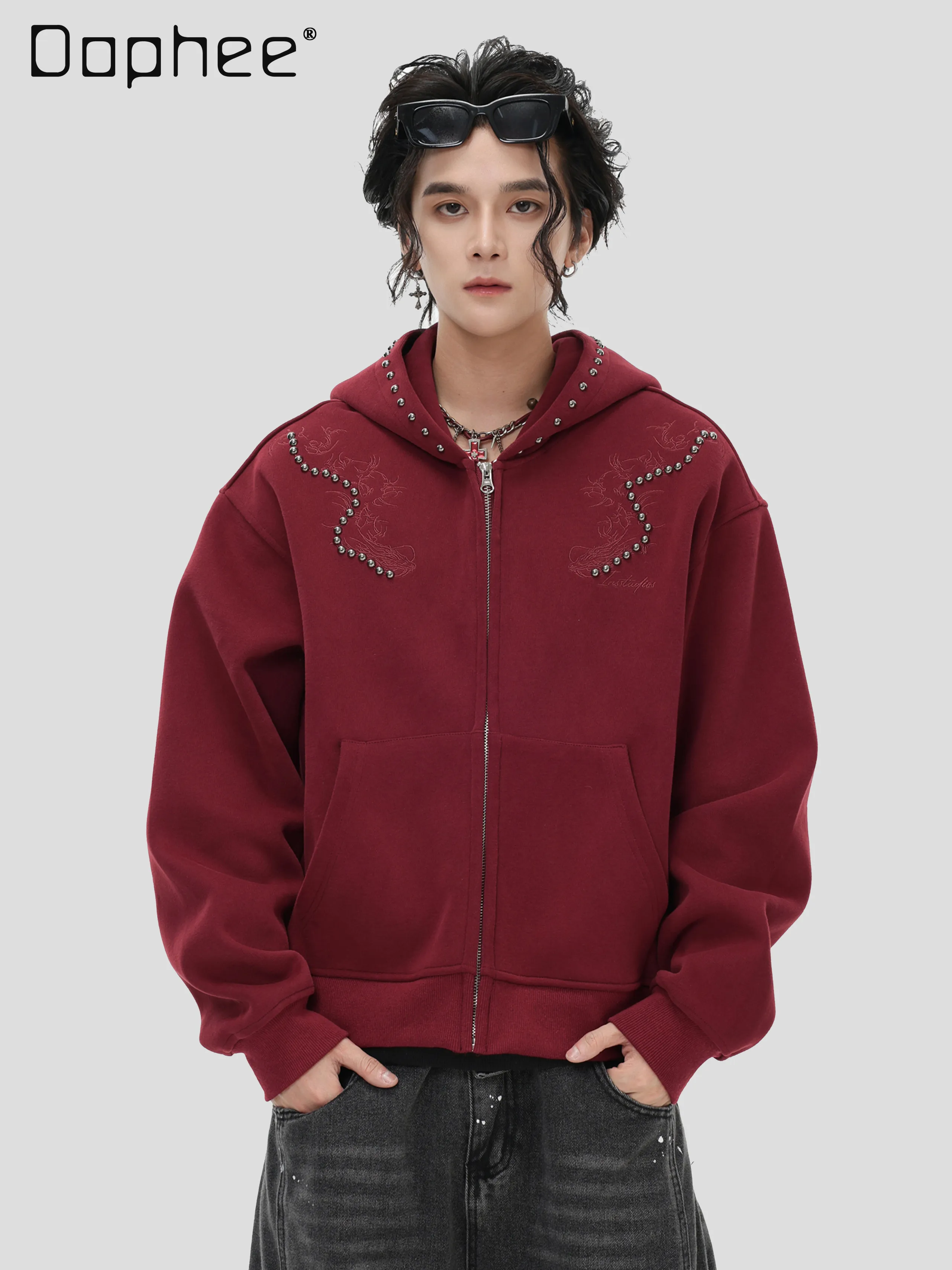 Spring and Autumn American Style Men's Gray Rivet Embroidered Hooded Sweatshirt Couple Style Loose Casual Red Black Cardigan