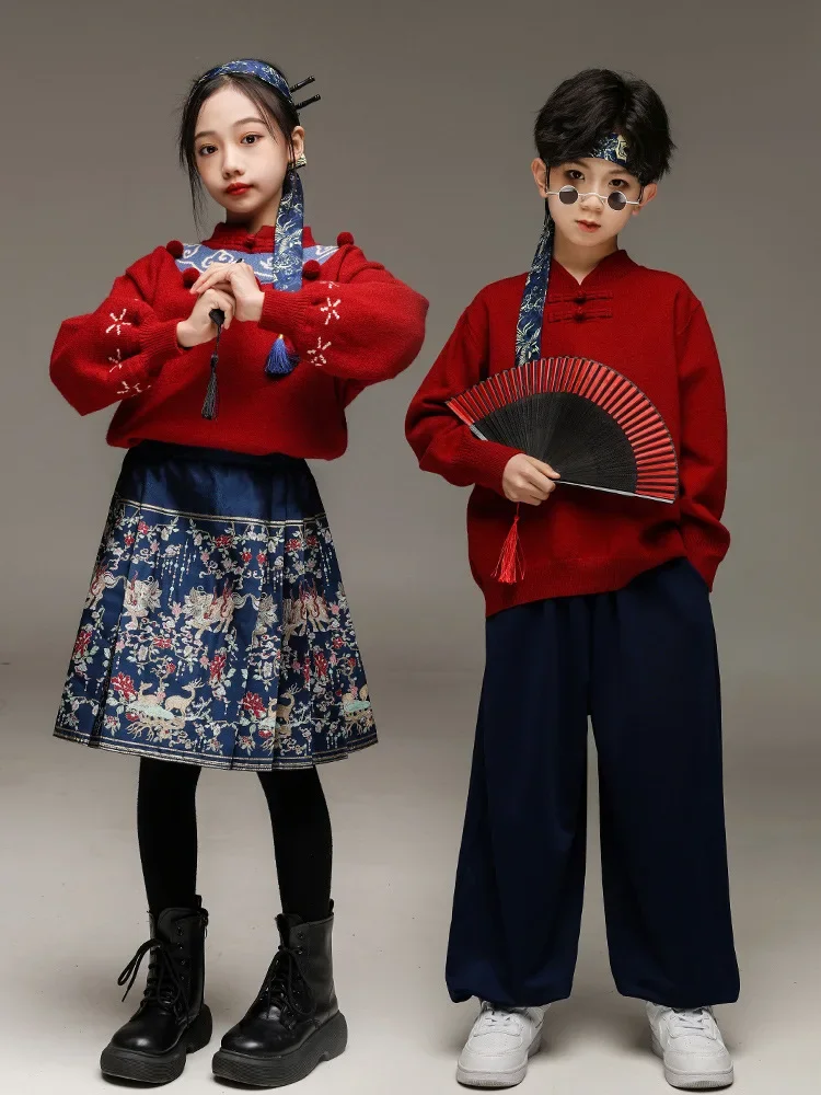 Jongens Rode Hip Hop Kostuum Rode Top Broek Paard Gezicht Rok voor Meisjes Kids Jazz Kleding Street Dance Stage Set