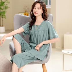 Soft Modal Pajamas Set Short Sleeve T-shirt Calf-Length Pants 2Piece/Set Summer Lace Pyjama Big Yards4XL Homewear Cozy Sleepwear