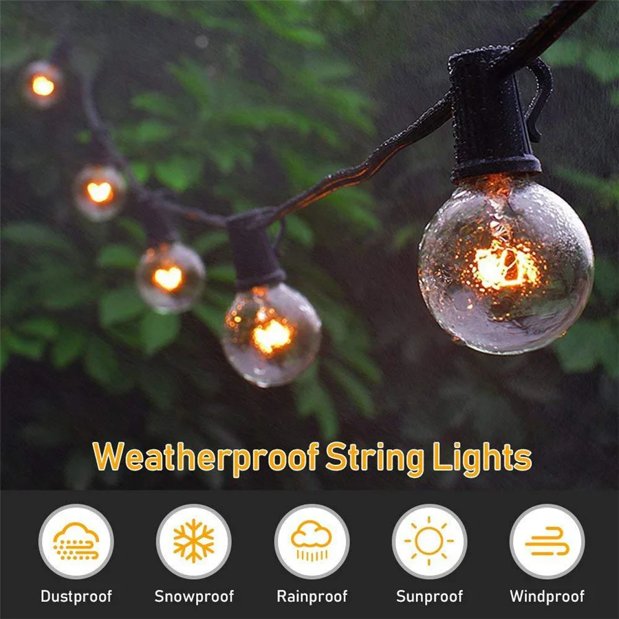 กลางแจ้ง 25Ft G40 Globe Fairy String Light 25 แก้วหลอดไฟวินเทจกันน้ํา Patio Garden Garland ตกแต่งคริสต์มาสไฟ