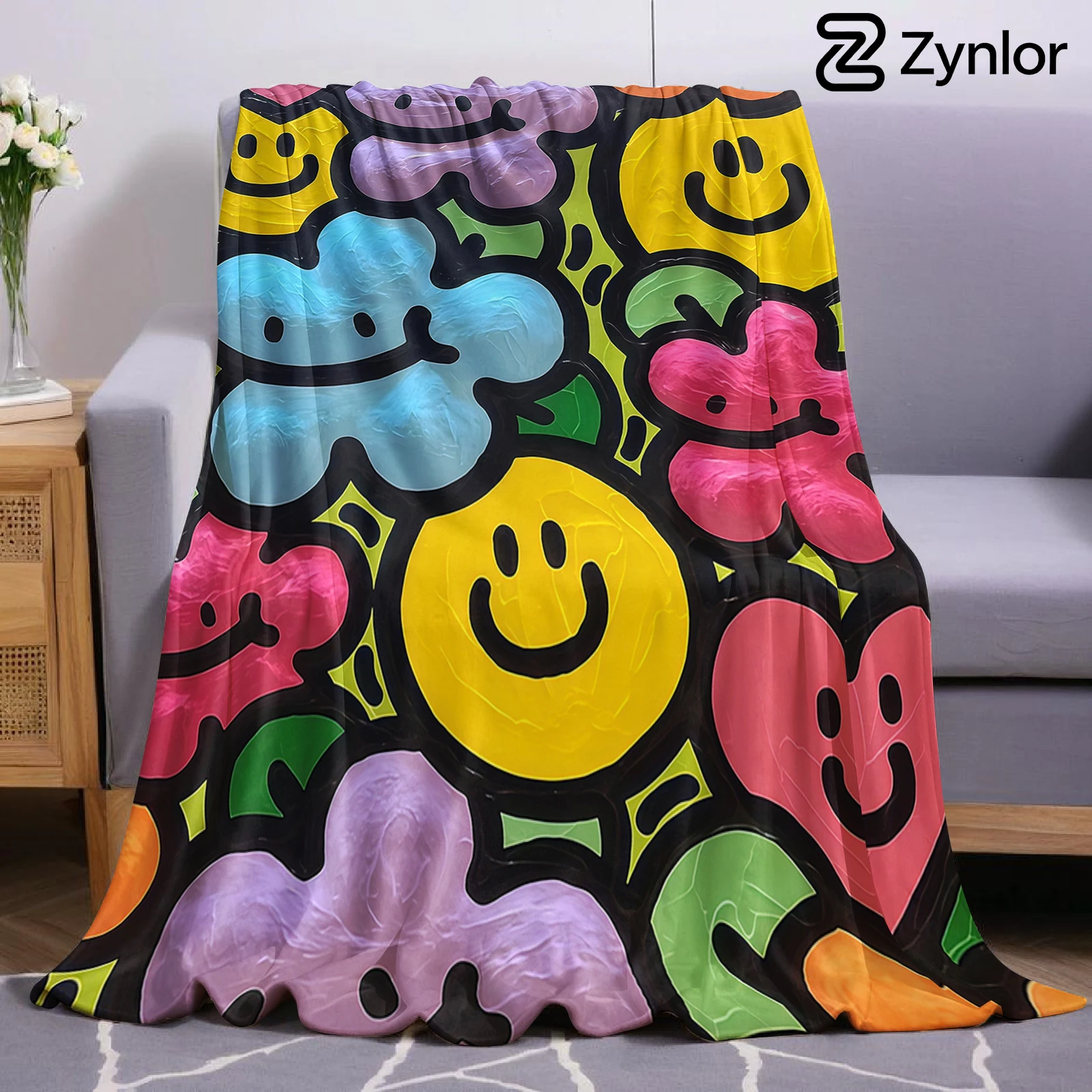 Rainbow Smile Lightweight Microfiber Flannel Blanket Soft Warm Cozy Throw All Season for Bed Sofa Office Travel Gift