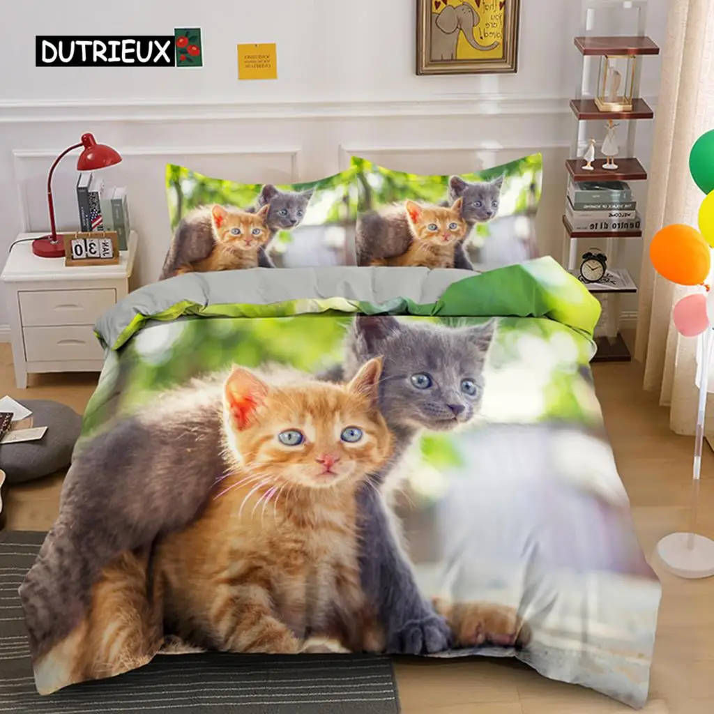 

Cat Duvet Cover Set Kittens Theme Art Funny Print Bedding Set Microfiber Orange And Grey Cat King Size Quilt Cover For Kids Teen