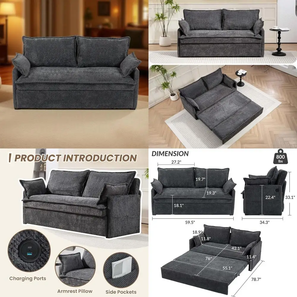 

Convertible Chenille Loveseat Sofa Bed with Pull Out Couch, Side Storage, USB-C/USB Ports, Small Sleeper Couch for Comfortable S