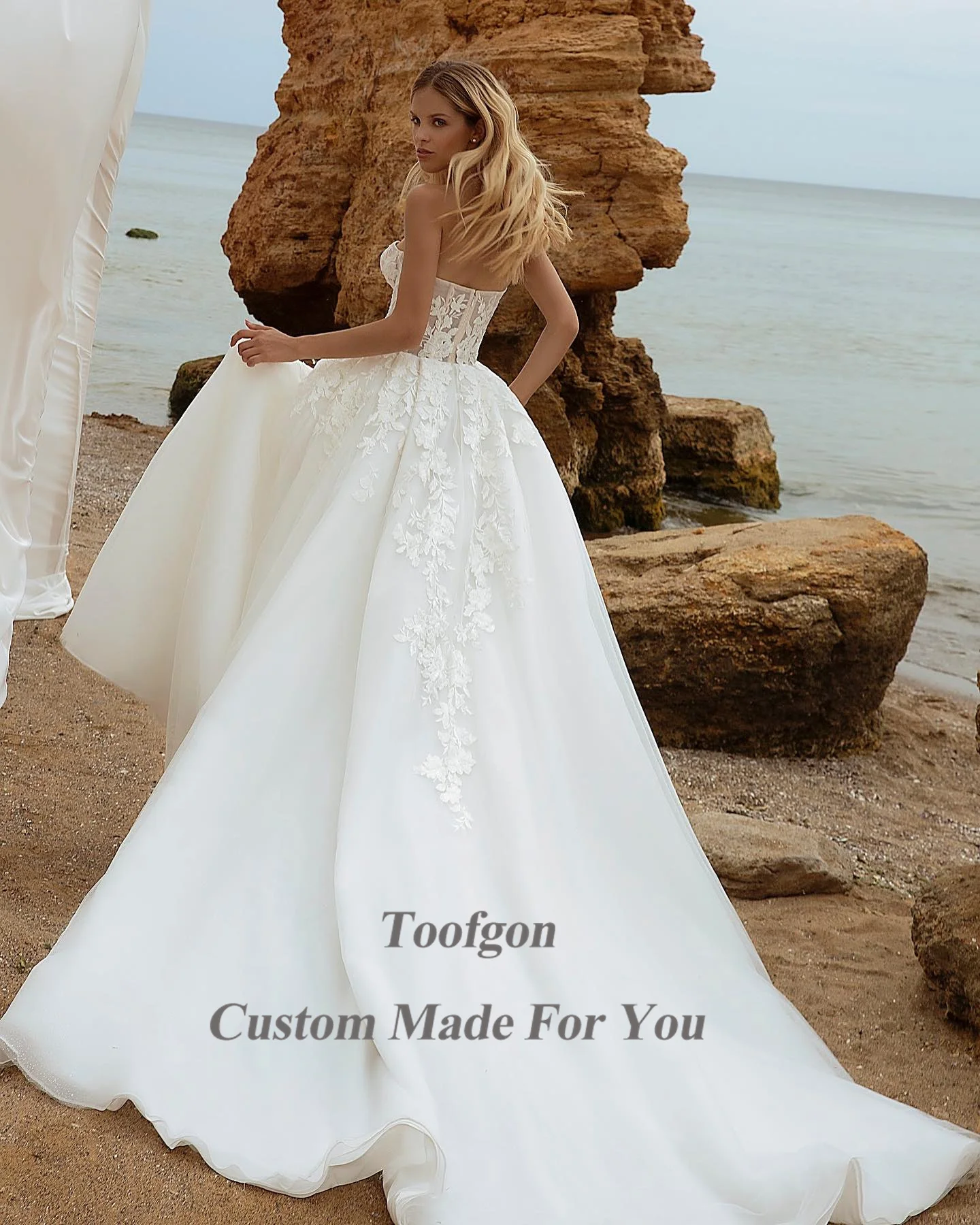 Toofgon A Line Appliques Lace Wedding Dresses Bride Beach Removeable Puff Long Sleeves Formal Party Wedding Gowns Bridal Gowns