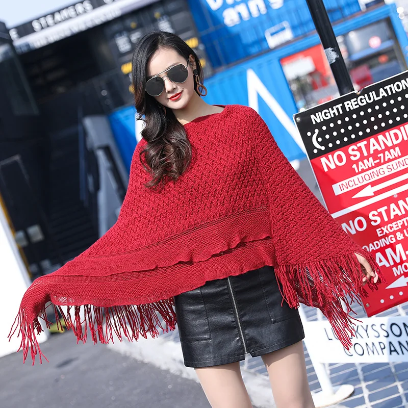 

Spring Autumn New Knitted Cloak Coat Female Tassel Loose Thick Pullover Lazy Sweater Smock Shawl Women Fashion Accessories White