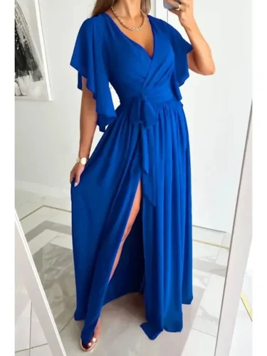 Vestido de talla grande para mujer, vestido holgado y cómodo para ir al trabajo, Color sólido, mangas acampanadas, cuello en V, vestido informal con abertura en el suelo