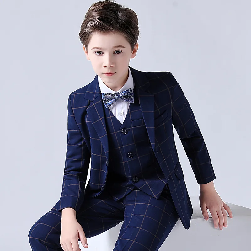 Fashion Boy Formal Suit Kids Quality Plaid Tuxedo Wedding Set Teenager Child Blazer Bowtie Pants Shirt Party Performance Costume