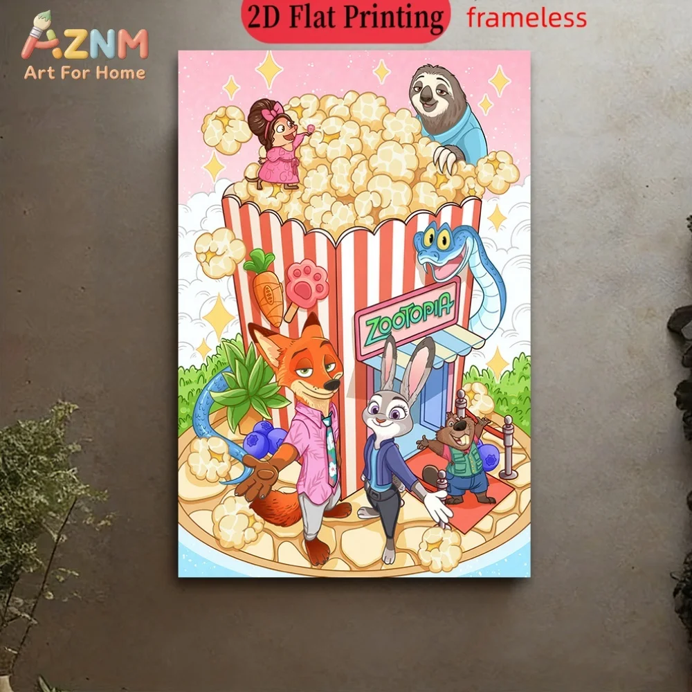 

Безрамный холст AZNM Zootopia: постер с Ником Уайлдом и Джуди Хоппс из Диснеевского фильма «Зоотопия», сцена из кинотеатра с попкорном, однопанельный постер
