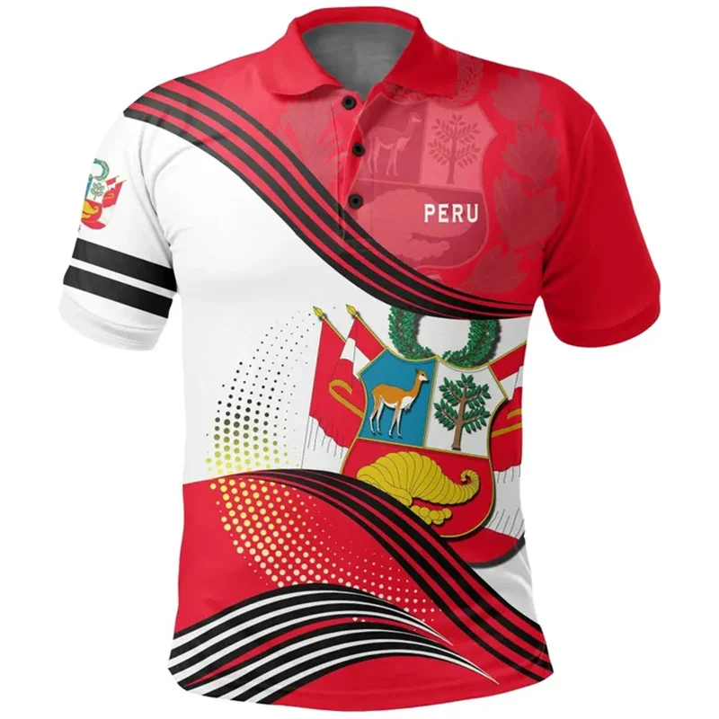 Men's Peru Flag Polo Shirts Summer 3d Print T Shirt Casual Short Sleeve Tops Daily Casual Lapel Oversized Tshirts Clothing