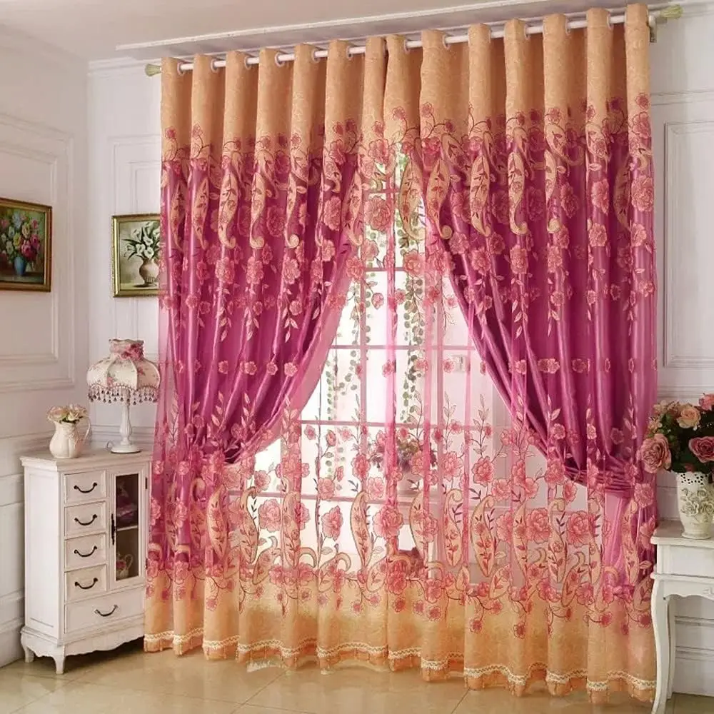 1 Panel 140cm Width European Double Layer Curtain for Living Room Flower and Leaf Curtain for Bedroom