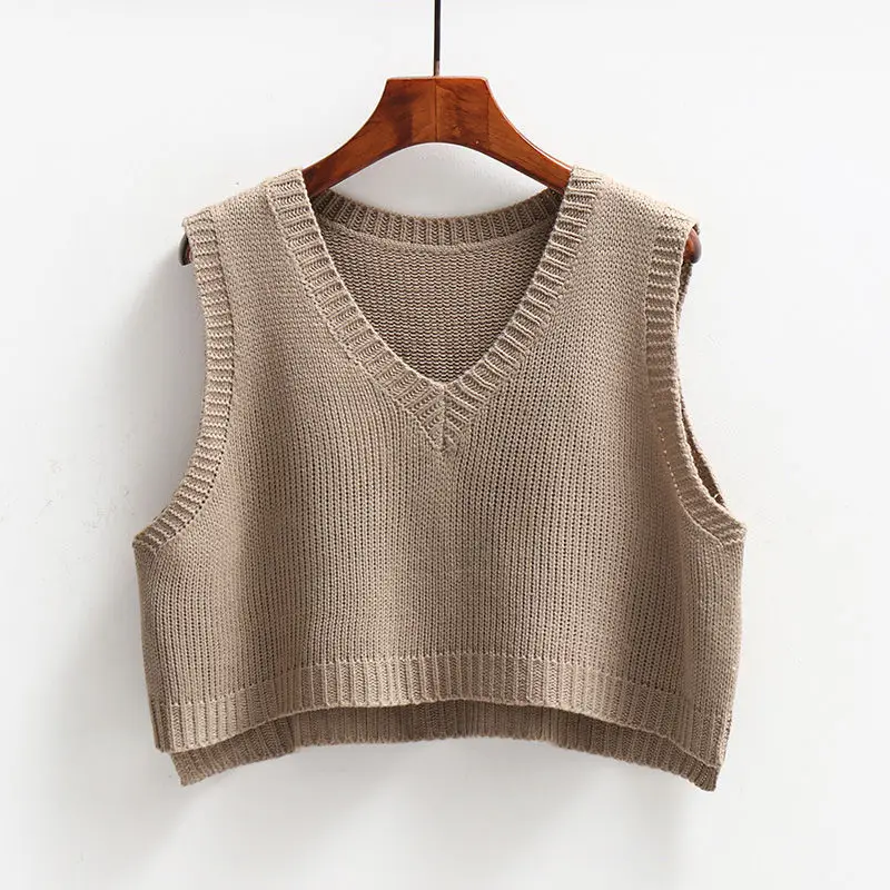 V-neck Knitted Vest Women\'s Retro Preppy Style Versatile Wear Solid Color Cropped Pullover Sleeveless Sweater