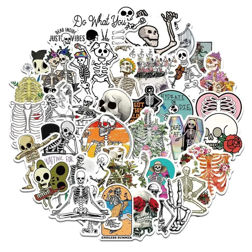 50pcs Cartoon Colorful Human Skeleton Funny Skull Graffiti Scooter Guitar Waterproof Decorative Sticker for Phone Computer