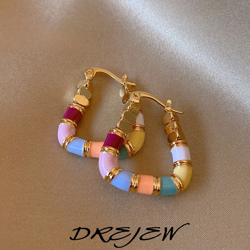 DREJEW French Romantic Colored Enamel Geometric Trapezoidal Earrings 2025 Fashion Design Jewelry for Women's Unusual Accessories