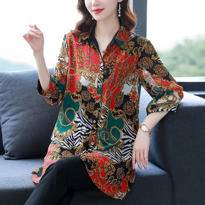 2023 Spring New Printed Oversized Women\'s Clothing Medium and Long Polo-Neck Single-breasted Loose Commute Simplicity Blouse