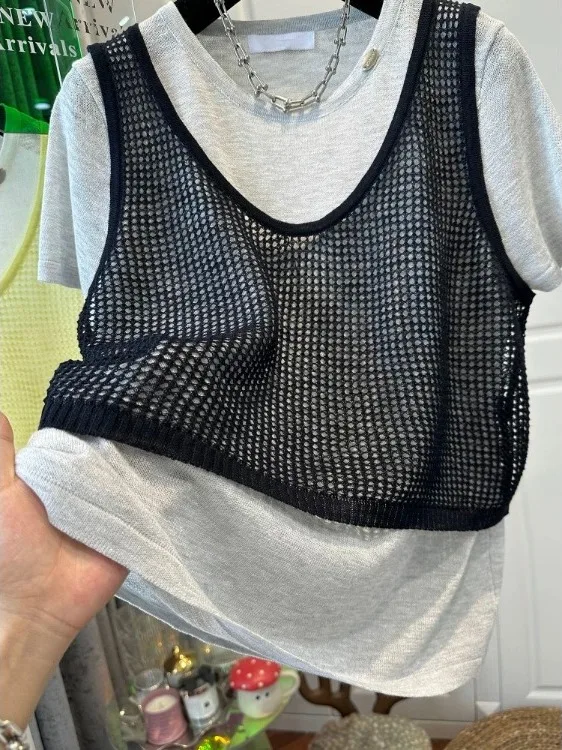 

Summer 2025 Loose Knitted Hollow out Vest Fake Two-Piece ort Sve round Ne T-irt Women's Casual Top in Various Colors