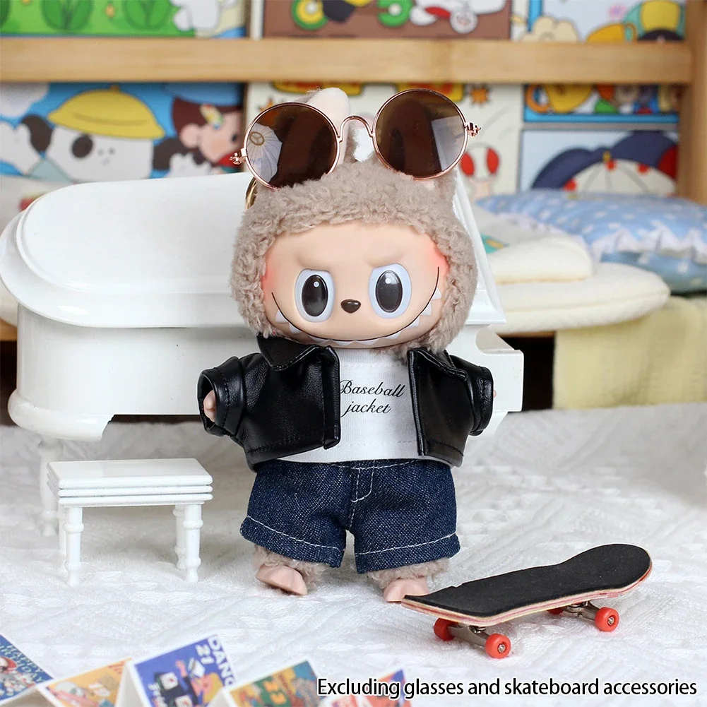 

For labubu Cool leather Jacket Dress Fashion Mini Plush Doll Clothes Outfit Accessories for Labubu Idol Skirt Clothing Gift