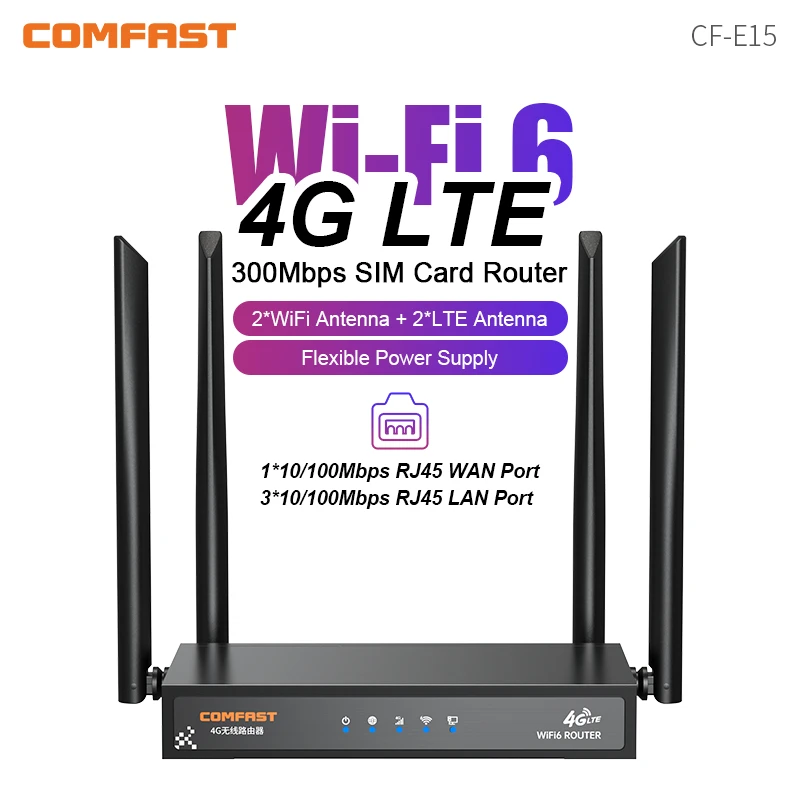 

Беспроводной маршрутизатор Comfast 4G, модем, Wi-Fi, SIM-карта, 300 Мбит/с, LAN WAN, 4 ГГц, 2,4 ГГц, антенный усилитель сигнала, сетевой маршрутизатор для дома