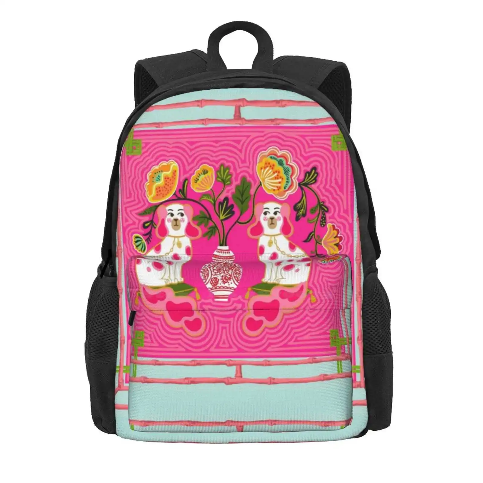 Chinoiserie Staffordshire Pink And Coral Hot Sale Schoolbag Backpack Fashion Bags Ginger Jar Pagoda Palm Tree Watercolor Monkey