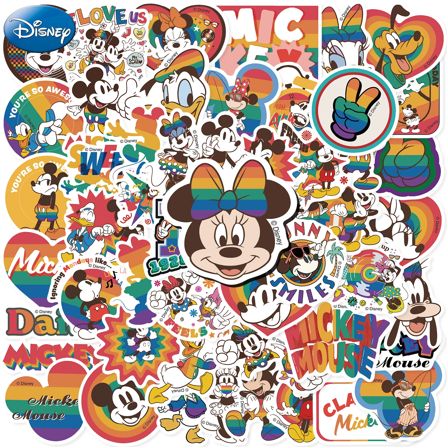 

50PCS Disney Cute Cartoon Rainbow Mickey Scrapbook Stickers DIY Diary Laptop Luggage Skateboard Graffiti Decal Classic Toys