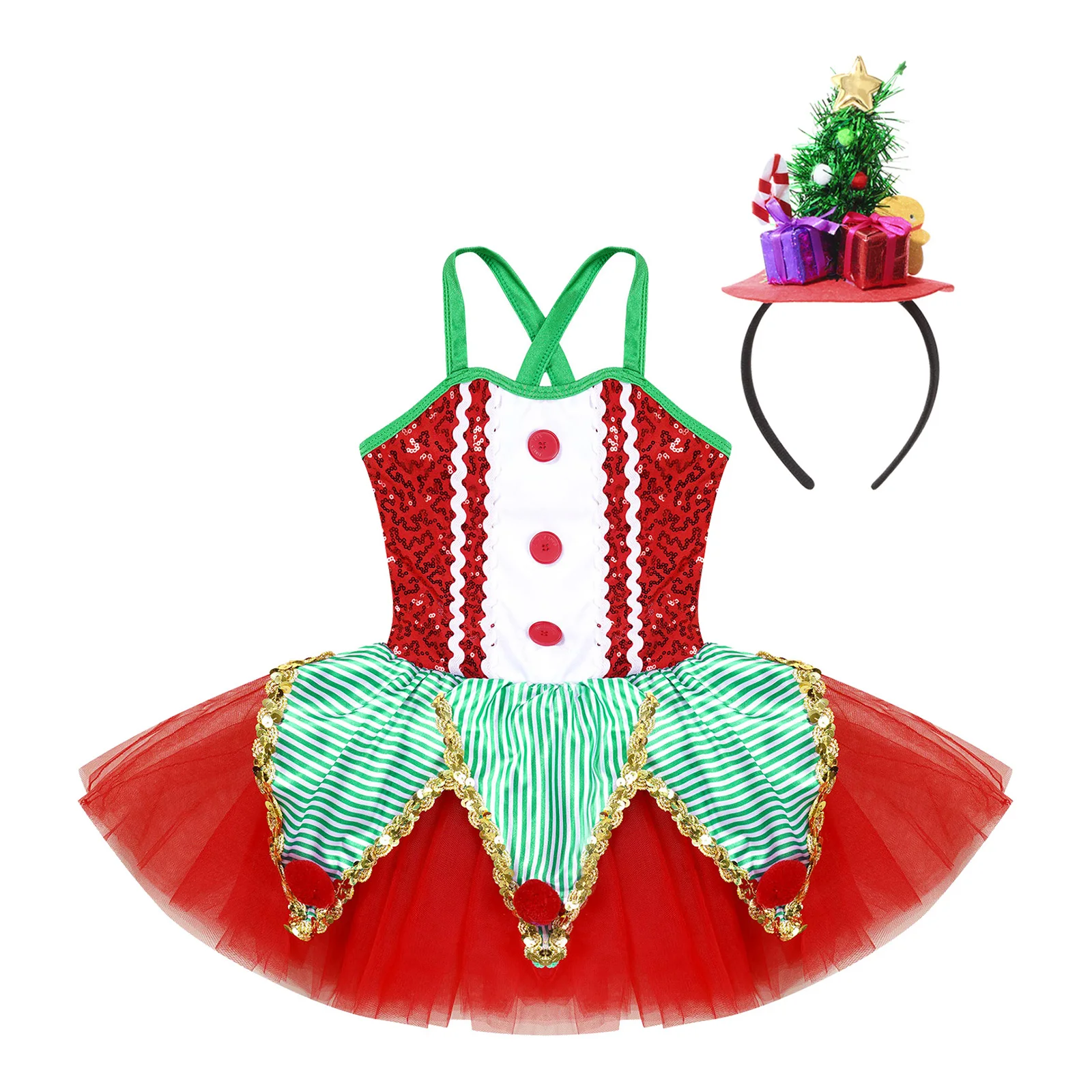 Vestito da tutù di balletto con volant e palline di peluche con paillettes per bambina, con fascia per capelli, costume da spettacolo per feste cosplay di Natale