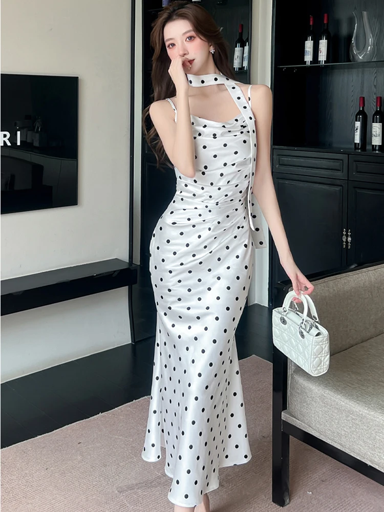 2025 الأبيض الساتان البولكا نقطة شيك حبال مثير فستان طويل الكورية خمر الفاخرة المرأة فستان الصيف أنيقة Bodycon فساتين السهرة