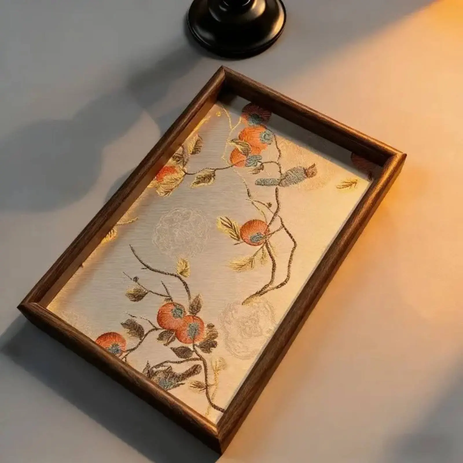 

Embroidered Wooden Tray Embroidery Wood Frame Tray House Accent Vintage Charm Household Decor Raised Edges for Tea Table
