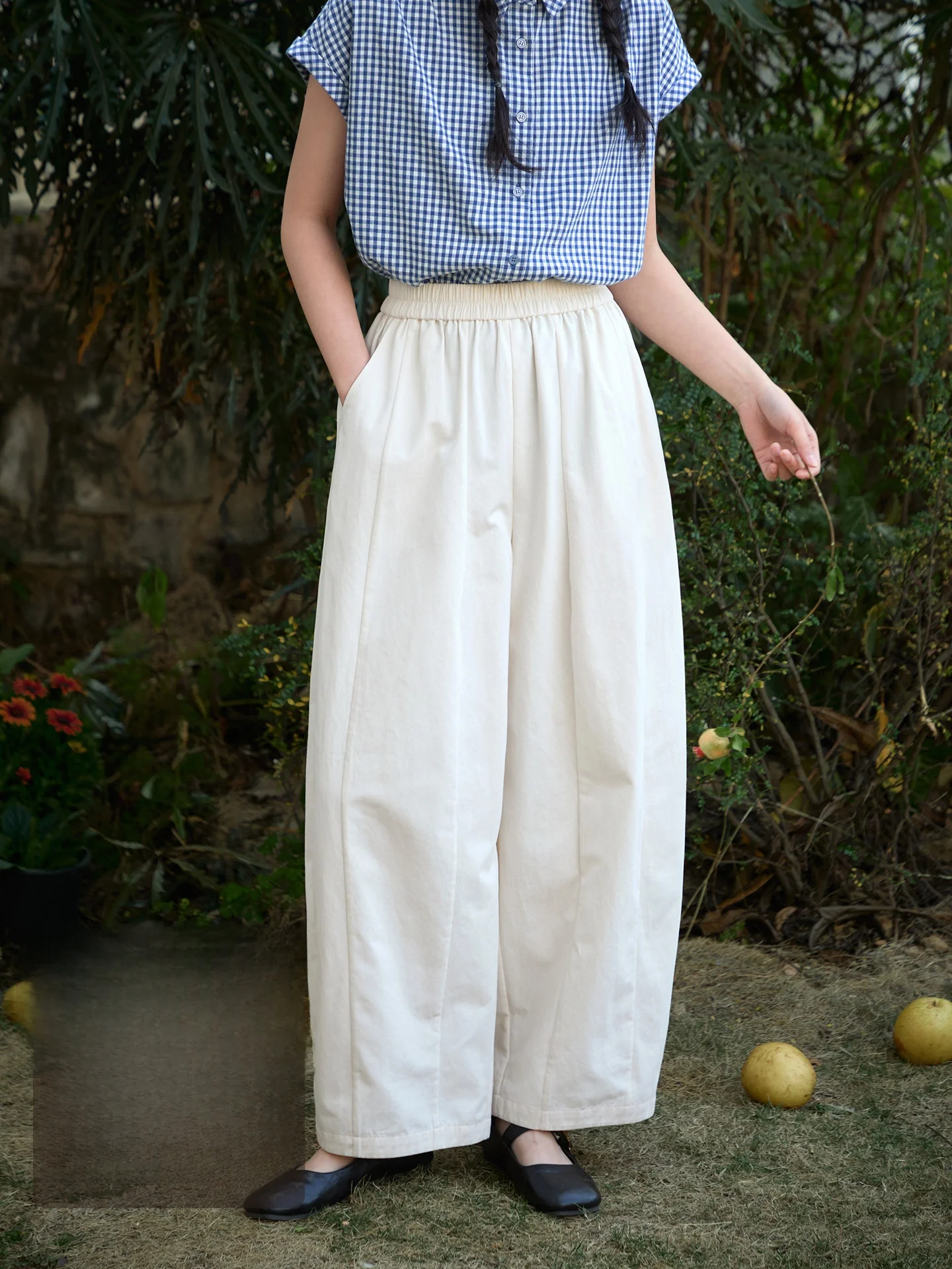 

Original Japanese Style Artistic Wide Leg Cotton Pants Women's Loose Elastic Waist Casual Trousers Light Beige Comfortable Br...