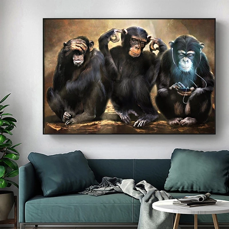 Vintage Canvas Painting Animal Monkey Wall Art Three Funny Orangutans Oil Painting Wall Picture for Home Decor Print Posters