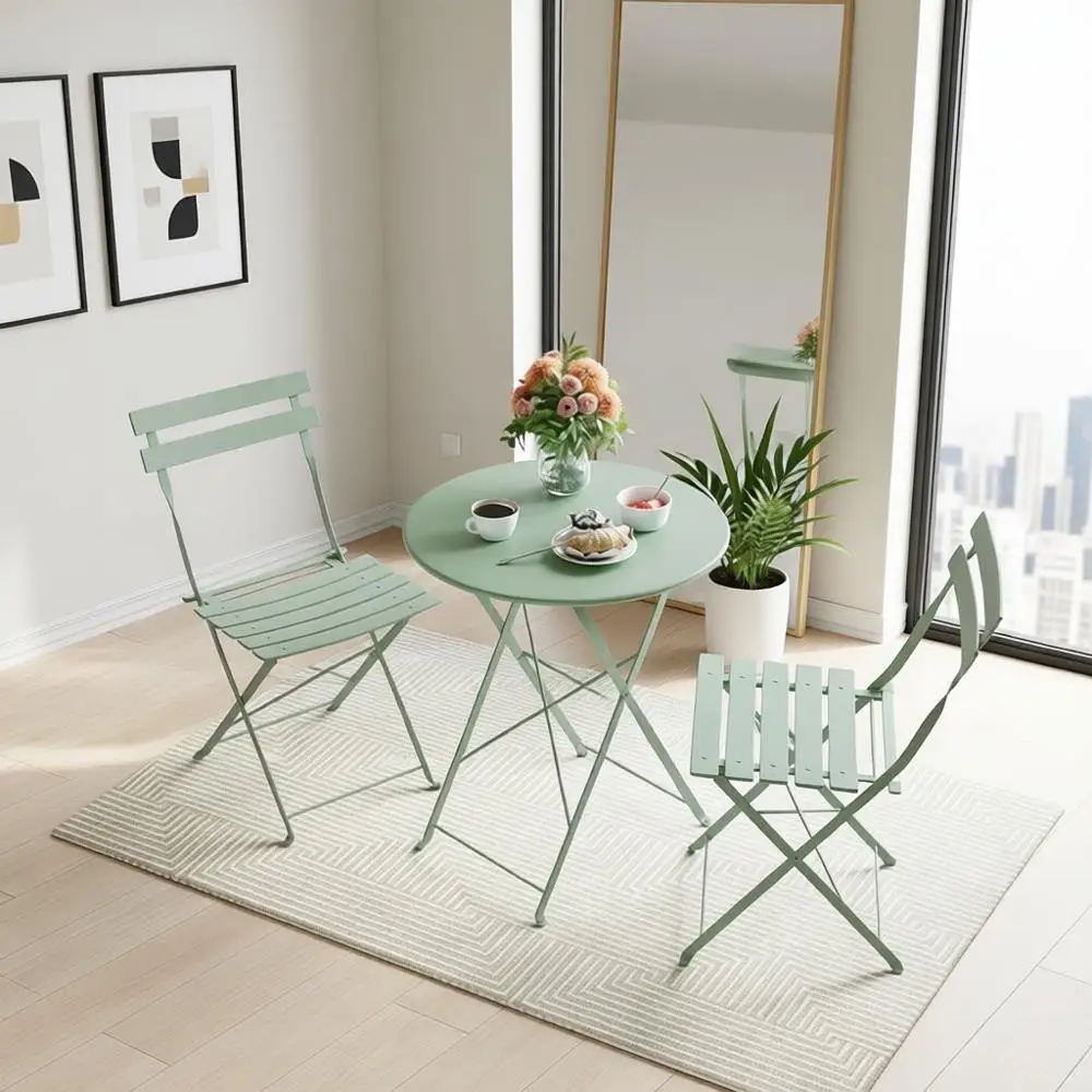 

3-Piece Outdoor Bistro Set, Weather-Resistant Folding Table and Chairs, Space-Saving for Patio, Balcony, Garden, Green