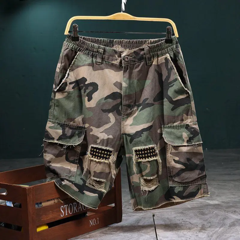 Streetwear Mens Camo Tactical Cargo Shorts Summer Fashion Distressed Ripped Studded Multi-Pocket Casual Work Hiking Shorts Man