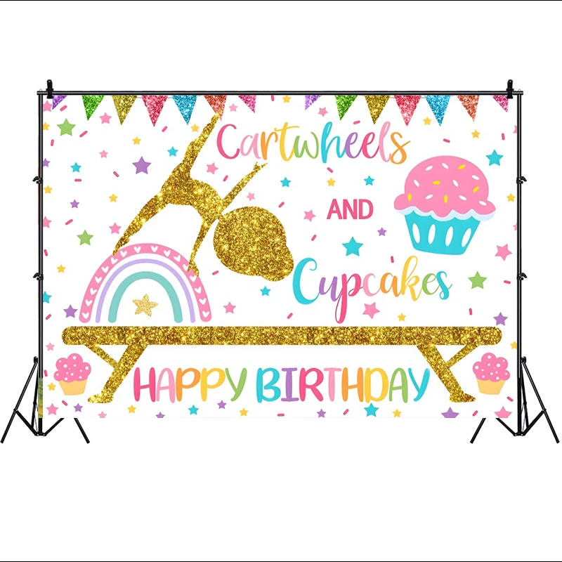 Backdrop Birthday Party Gymnastics Party Decorations Banner for Gymnast Girls Flip Tumble Jump and Play Photography Background