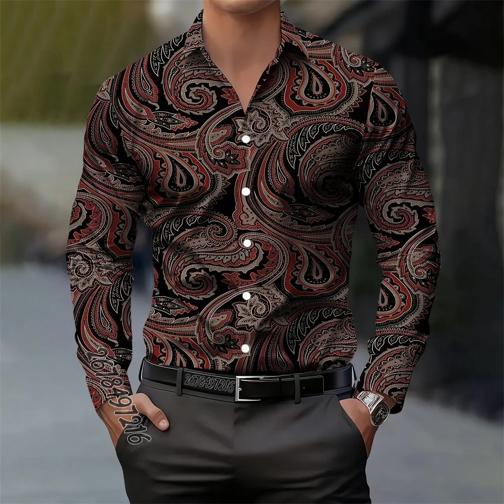 ヴィンテージメンズペイズリーカシミアフラワー長袖シャツプリントカジュアルエレガントファッション快適な高品質メンズラペルトップ