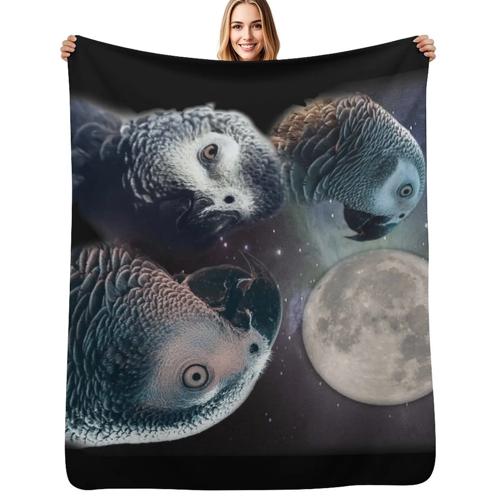 African Grey Parrot Three Wolves and Moon Style Throw Blanket Warm Throw Blanket Gift for Anniversary