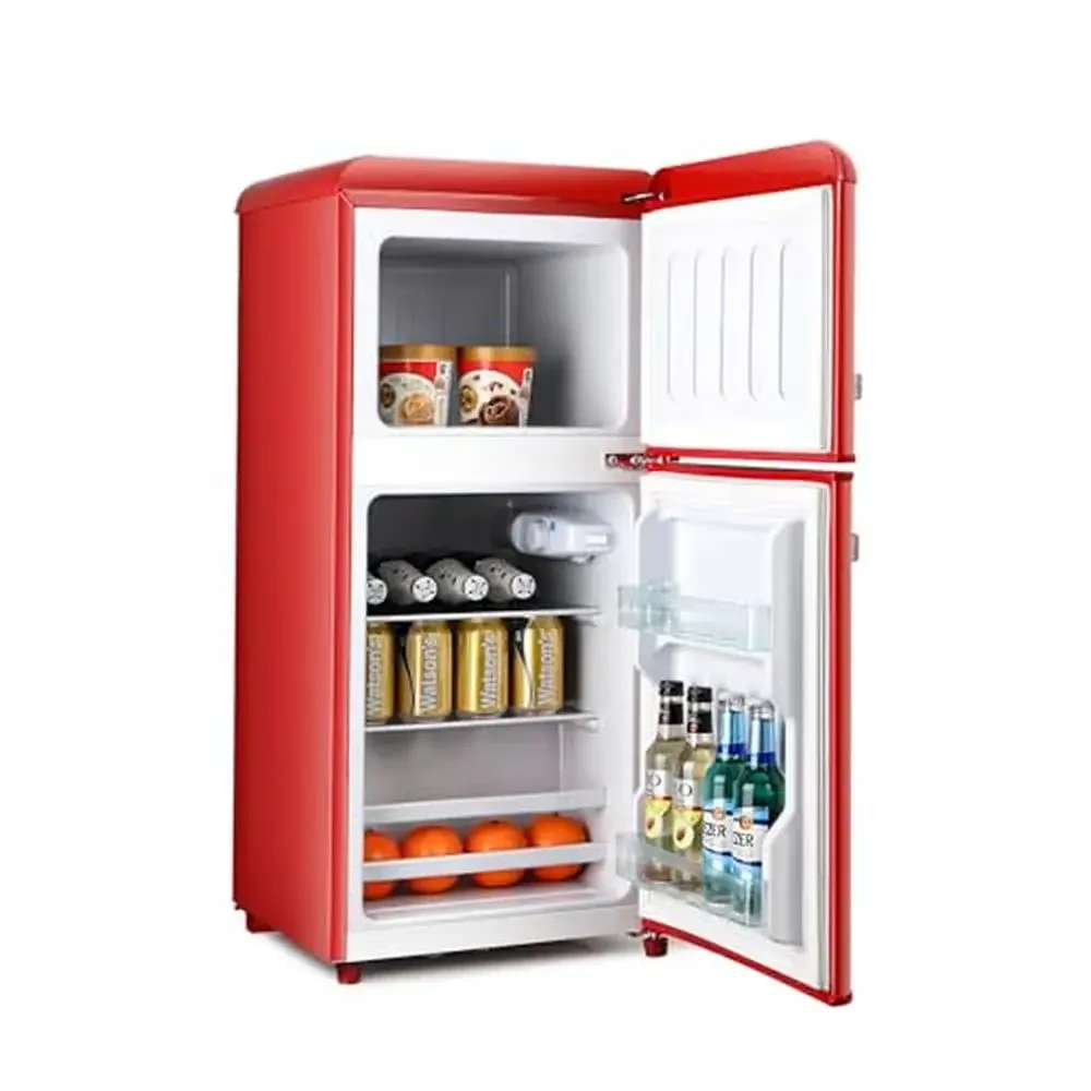 Double Door Retro Mini Fridge Freezer 3.2 cu. ft Red 360° Cycle Refrigeration Glass Shelves Ice Trays Ideal Family Dorm Office