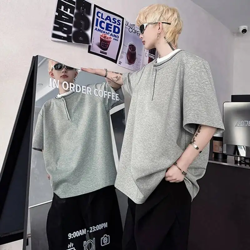 LUZHEN Shoulder Short Fashion Embroidery Line Round Pad Neck Sleeve T-shirts Men's 2025 Summer High Quality Trendy Tops JY7300