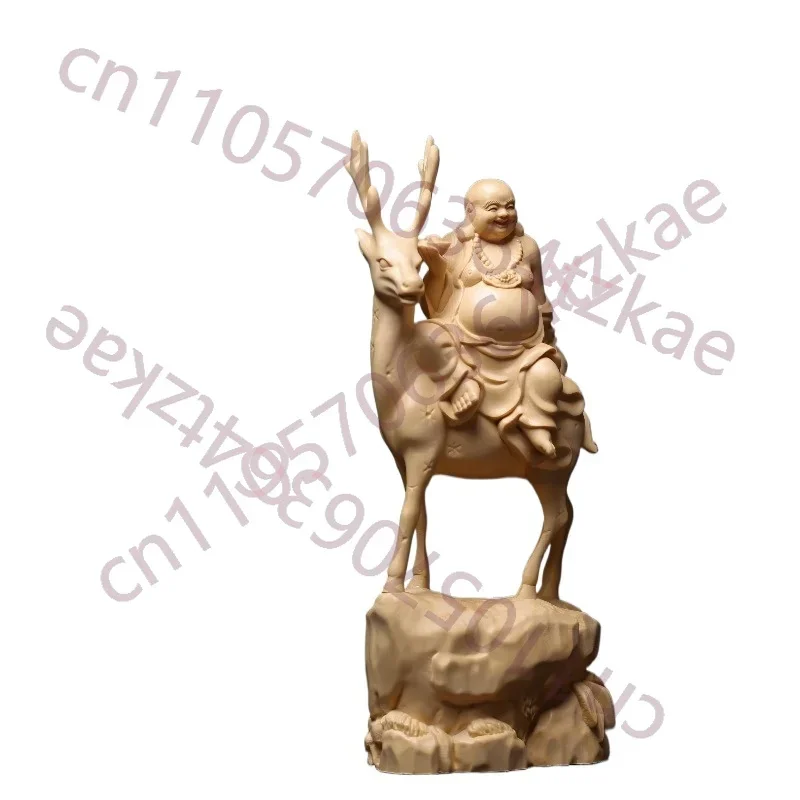 Hand-Carved Cypress Maitreya Riding Deer Statue - 11.8