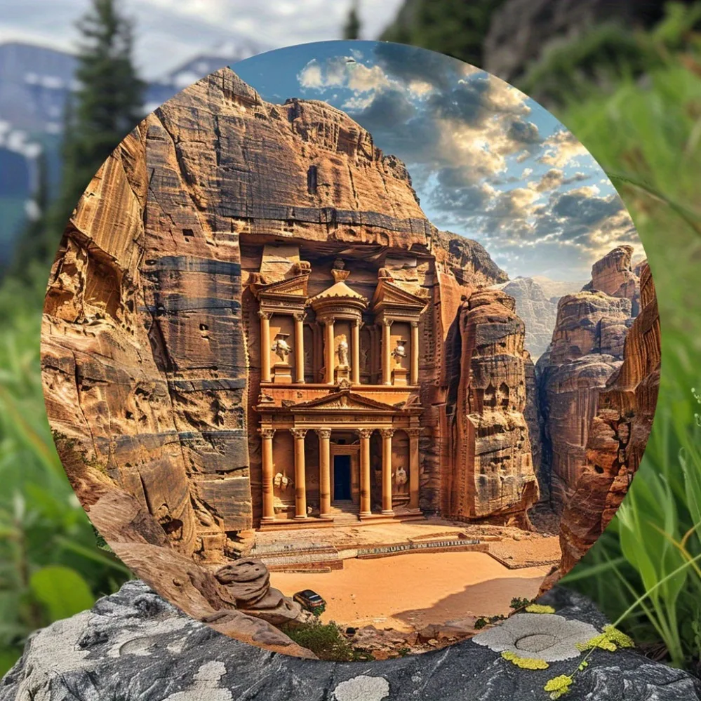 2D Metal Sign, Vintage Round Wall Hanging Metal Sign, Petra City Landscape Pattern, Weatherproof Decor for Wedding Bridal Birthd