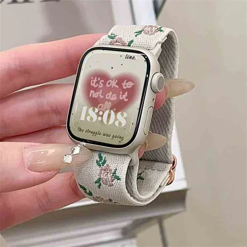 

Korea Rose Flower Nylon Band For Apple Watch Series 8 7 6 5 4 3 2 SE Retro Girl Elastic Strap For iWatch 41mm 40mm 38mm 45 42 44