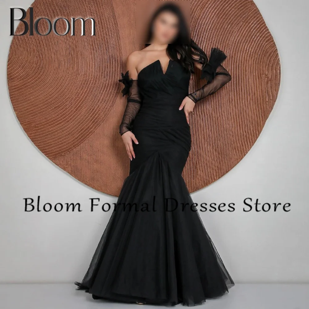 

Bloom Off the Shoulder Solid Color Mermaid Sweep Train Detachable Sleeve 3D Flowers See Through Bespoke Occasion Gowns