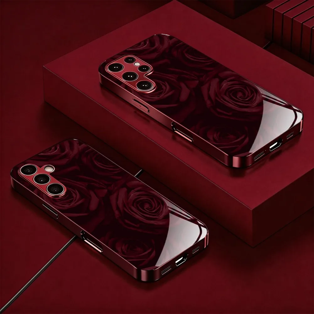 Rose Pattern Plated Burgundy New Phone Case Glass Protective Cover Suitable for Galaxy S21 S21 Ultra S22  S24 S25 S25 Ultra S26
