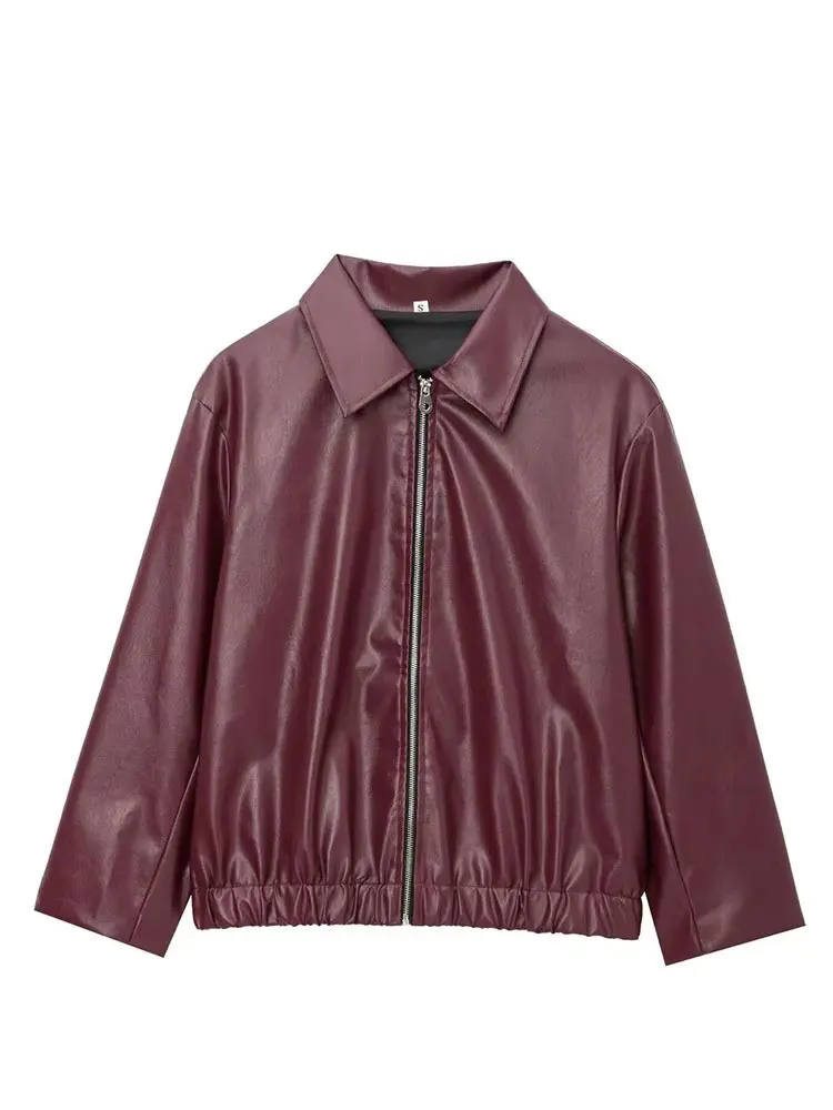 HH Women Fashion Burgundy Faux Leather Jackets Casual Lapel Long Sleeves Coat Zipper Autumn Female High Street Outerwear