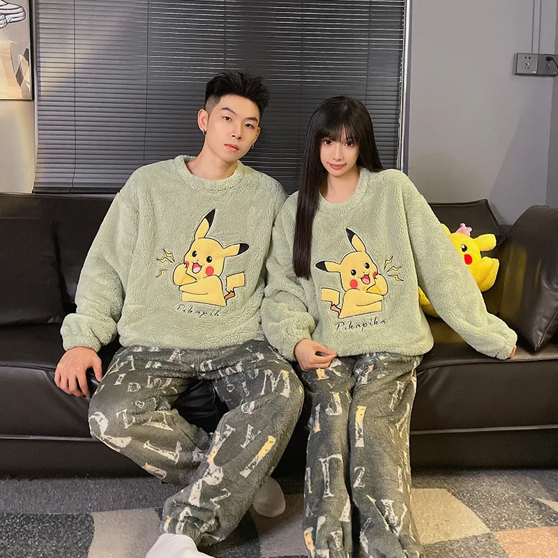 Pokémon Pikachu autumn and winter women's plush thermal pajamas men's round neck pullover flannel couple long loungewear suit